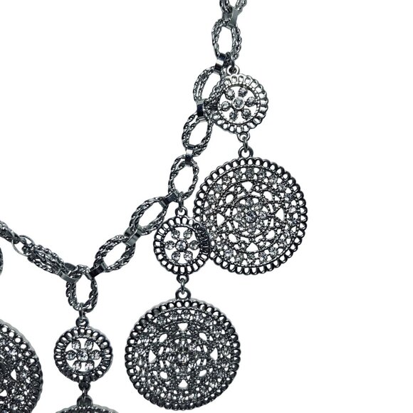 Silver Tone And Clear Rhinestone Medallion Necklace Signed Black/White (5807) - Picture 5 of 6